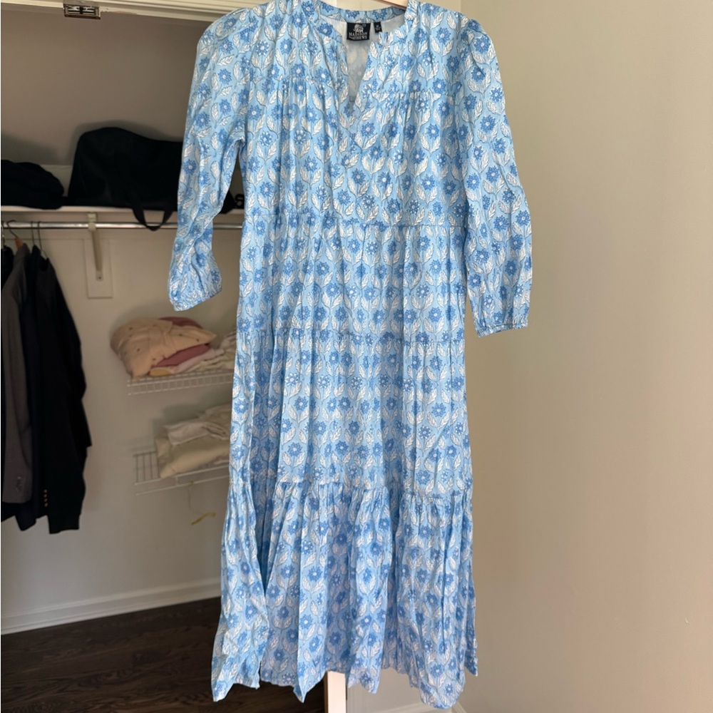 Madison Matthews Blue and White V-Neck Sundress